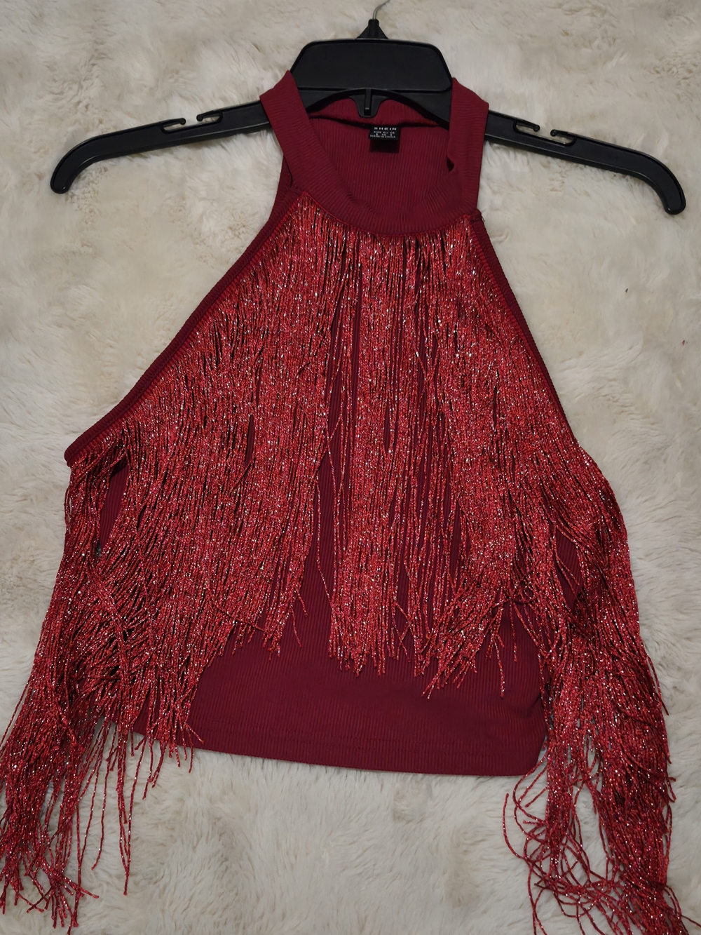 SHEIN Red Sequin Fringe Halter Tank Top